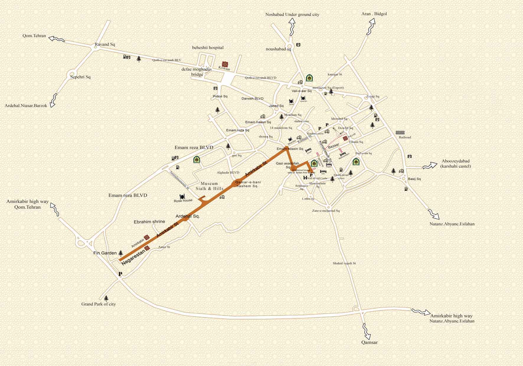 نقشه کاشان و موقعیت جغرافیایی هتل نگارستان